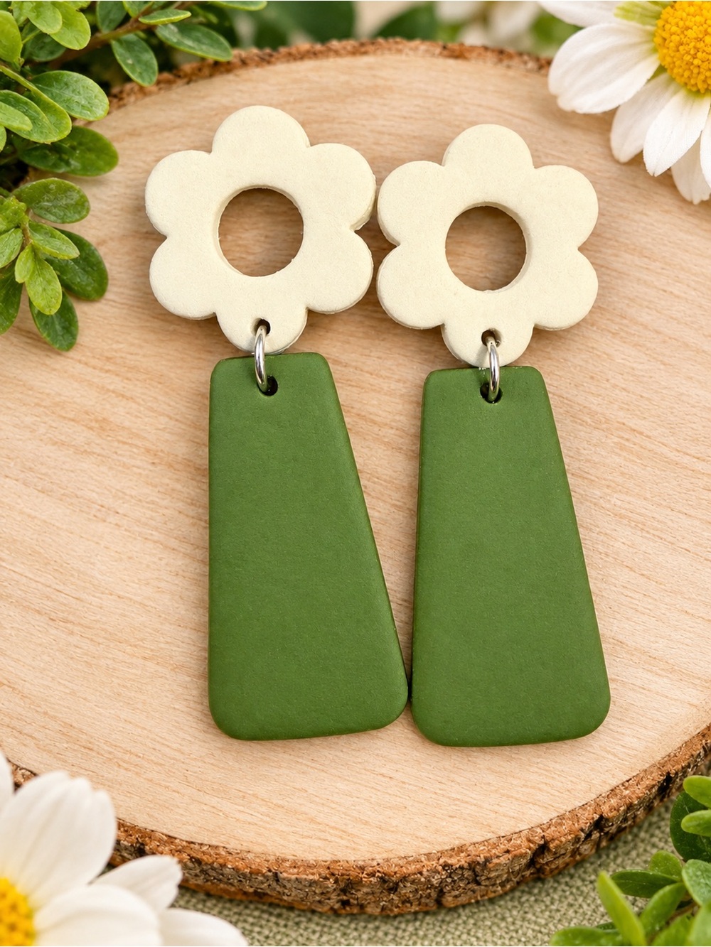 Handmade Flower Top Green Drop Earrings - Neutral & Olive